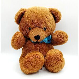 Vintage Dakin Teddy Bear 1986 Plush Brown Furry Stuffed Animal 14" w/Blue Bow